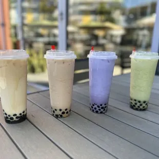 Brown sugar boba milk tea Original milk tea add boba Taro milk tea add boba Matcha milk tea add boba