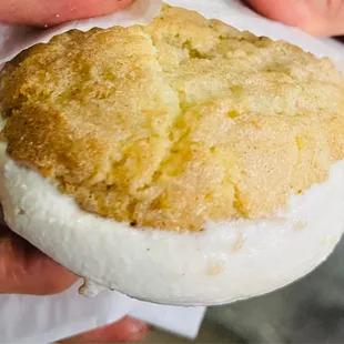 Snickerdoodle Cookie Sandwich - Stuffed with Cinnamon Toast Crunch Ice Cream. Have the cookies warmed up!