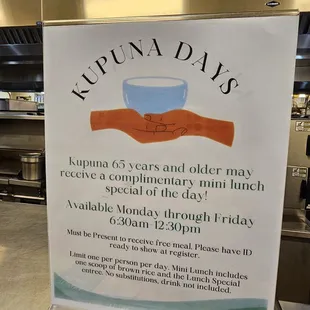 Senior Citizens may have a free lunch from Monday through Friday!