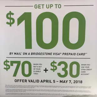Mail-in Rebate April 5, 2018 - May 7, 2018 Buy a set of 4 eligible Bridgestone tires.