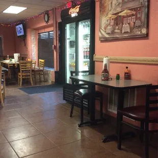 Indoor tables for dining.