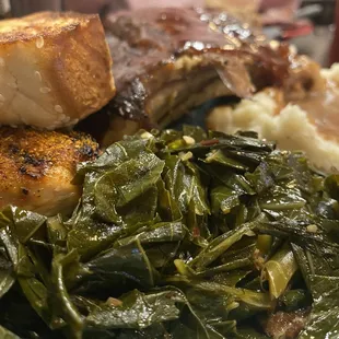 Ribs, Cajun Chicken, Collards, Mashed Potatoes, Toast