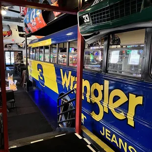 a blue and yellow bus