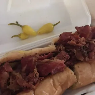 Mmm! Pastrami sandwich piled high with...hmmm what part of what animal am I eating? Haha. So good!