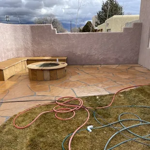 Courtyard wall, fire-it, banco with new sod &amp; sprinklers (photographed in colder months so sod is near dormant)