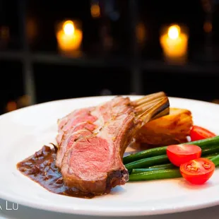 Seared Lamb Chops with Haricot Verts and a Shaved Potato Stack in the Atrium at Landerhaven