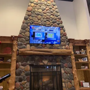 Waiting area with a fireplace