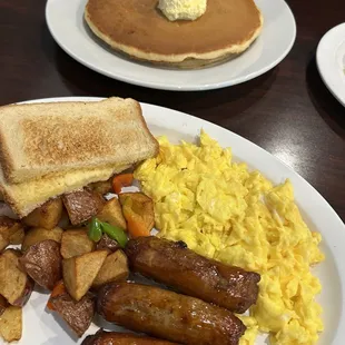 Scrambled Eggs, Sausage, Potatoes, Pancakes.