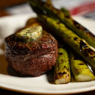 Stockyard Filet - 7oz Chargrilled Filet Mignon, Smashed Potatoes, Grilled Asparagus, Herb Butter