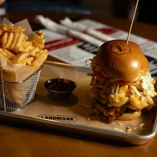 Mac N Cheese Burger - Super Gooey Mac, Crisp Bacon, Melted Cheese, LTOP, Onion Strings, Secret Sauce