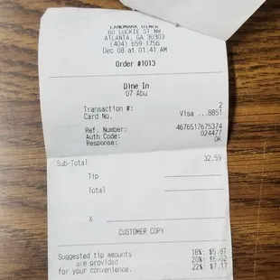 Menu receipts