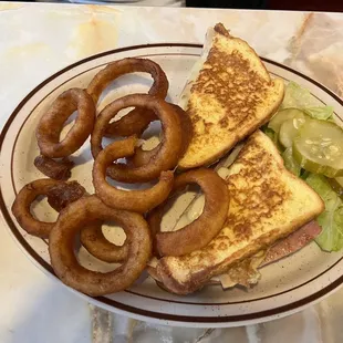 Monte Cristo Sandwich with overcooked onion rings