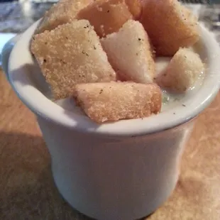 Clam Chowder with garlic bread croutons