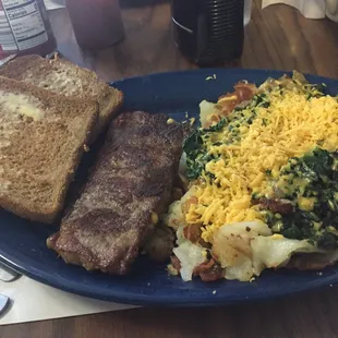 Strip steak hash rows with the works n toast