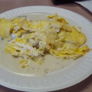 Biscuits and gravy with scrambled eggs