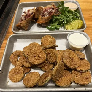 Fried pickles and smoked meat egg rolls