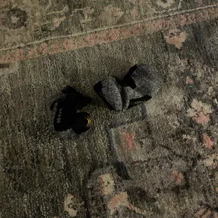 Previous guest's socks that were under the bed clothes at the foot of the bed.