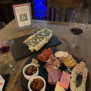 a plate of food and wine glasses
