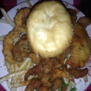 Fried seafood platter with a Pistolette on top yummmmm