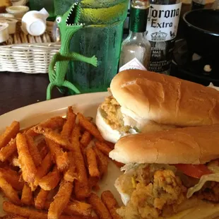 Oyster po boy and sweet potato fries