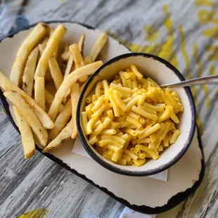 The kids Kraft Mac and cheese and extra $1.00 for the fries