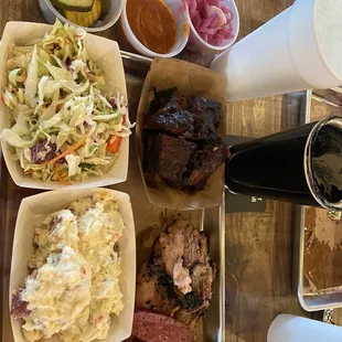 a tray of food and drinks