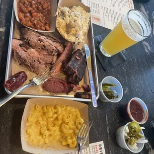 Mac 'n cheese, two meat plate, beans, potato salad