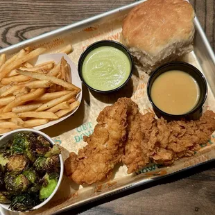 Chicken Tenders, Shoestring Fries, Brussels Sprouts, House-made Fresh Biscuit, Laney' Sauce &amp; Honey Mustard.