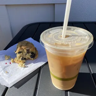 Blueberry oat scone and cold brew with oat milk