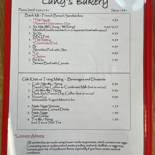 the menu of the restaurant