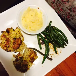 Crab cakes, garlic potatoes, sautéed green beans...I tasted every plate so I couldn't finish mine!  Everything was delicious.