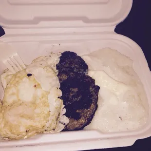 Grits, eggs and sausage patties.