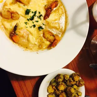 Shrimp &amp; grits and fried okra, delicious!!