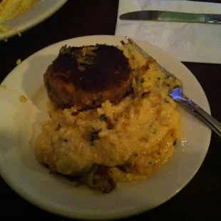 Salmon cake and cheese grits.