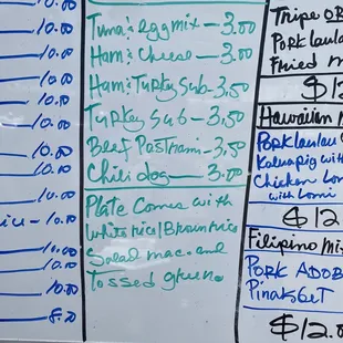 a menu on a whiteboard
