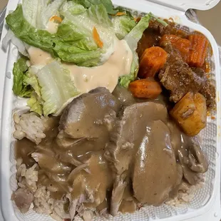 mixed plate brown rice pork w gravy and beef stew $13