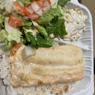 baked salmon tossed and mac salad $12 ono moist