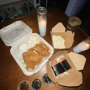 Chicken Katsu Regular, Spam Musubi (2pcs), Macaroni Salad