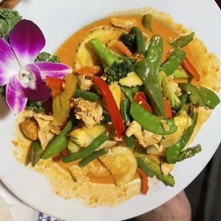 Two Friends Panang (shrimp, chicken, &amp; veg in Panang curry sauce). Jasmine rice comes alongside.