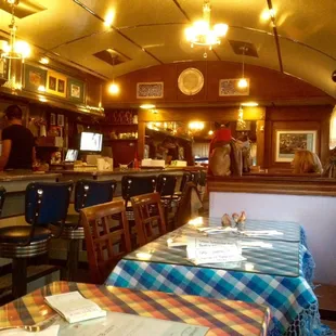 Quaint, historic dining car is a cozy atmosphere perfect for your pork dumpling soup.