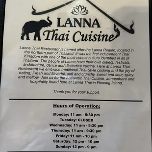 Front cover of menu with hours of operation.