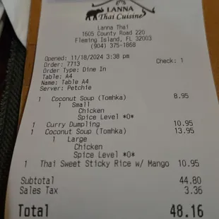My bill.  I ordered a large Tom Kha (Coconut Soup) to take home.