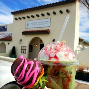 Iced Matcha Tea with Raspberry Drizzle and Choco Covered Strawberry