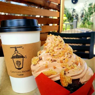 Lantern latte w/amaretto &amp; french vanilla, and a chocolatey crumbly cupcake wonderland
