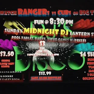 MidNight DJ @ 8:30pm $4 shots Rumple, Fireball, Tuaca, Jager, Golds $3.50 Corona, Bloody Mary, Mimo $3.00 PBR &amp; Lone Star $13.99