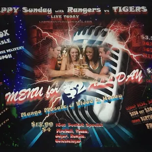 HAPPY Sunday RANGERS vs TIGERS Live $2 FOOD MENU &amp;Drink Specials &amp;$250 get $20 Off FREE reservation 50ppl Chk Groupon,Yelp EAT24,Amazon