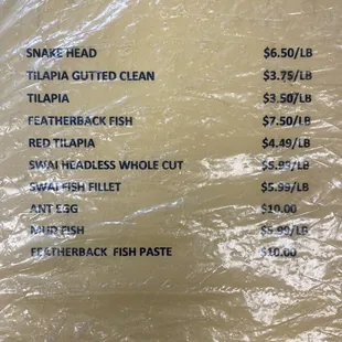 price list and prices