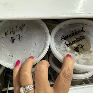 Premade food in fridge. Beef stew, bamboo salad, &quot;khee-lek&quot; jeaw bong, jeaw padak among others