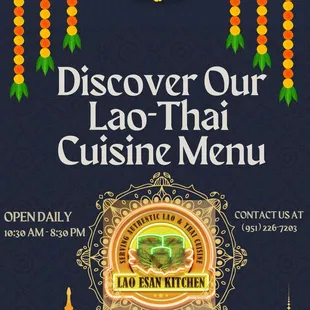 We invite you to explore our Lao-Thai cuisine menu, featuring a touch of familiar Asian fusion for both our returning and future patrons.