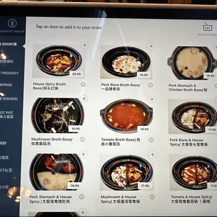 Menu on the tablet